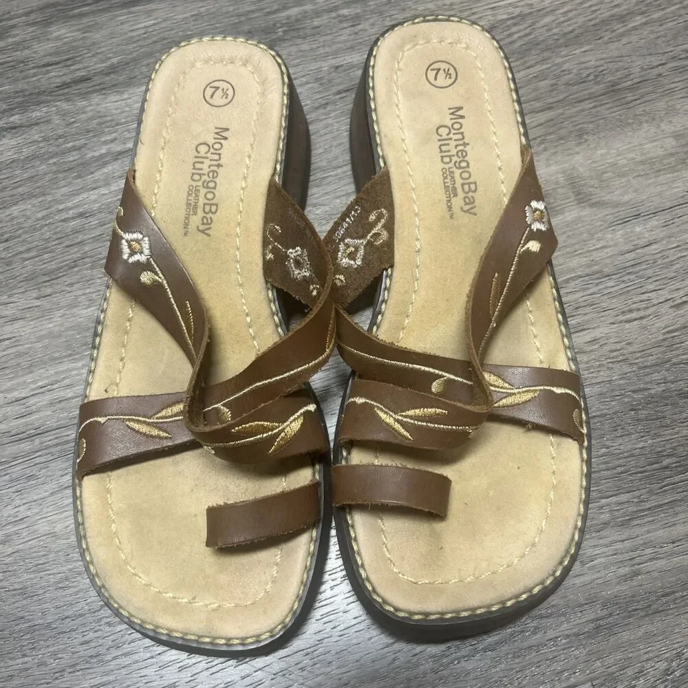 Y2K Montego Bay Club Leather Collection Brown Wedge Sandals- 7.5 Boho Coastal